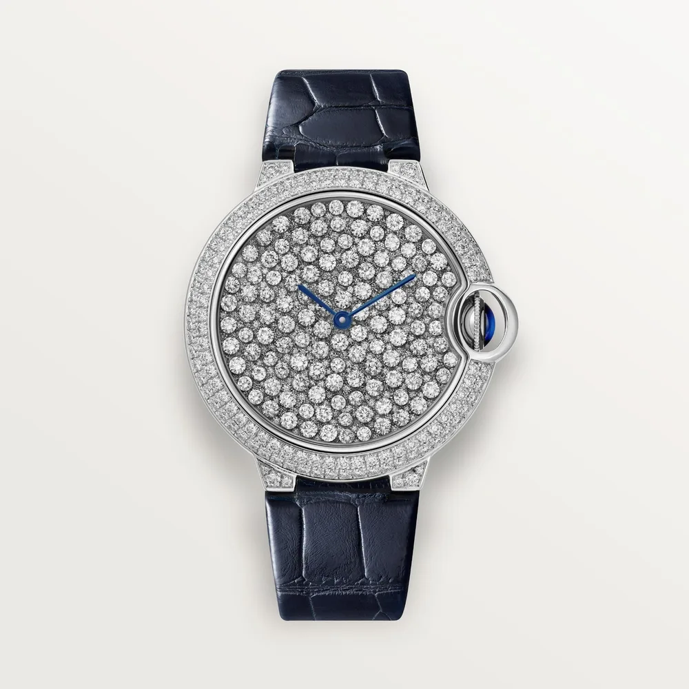 Cartier Ballon Bleu de Cartier, 37 mm, automatic mechanical movement, white gold, diamonds, alligator-skin strap