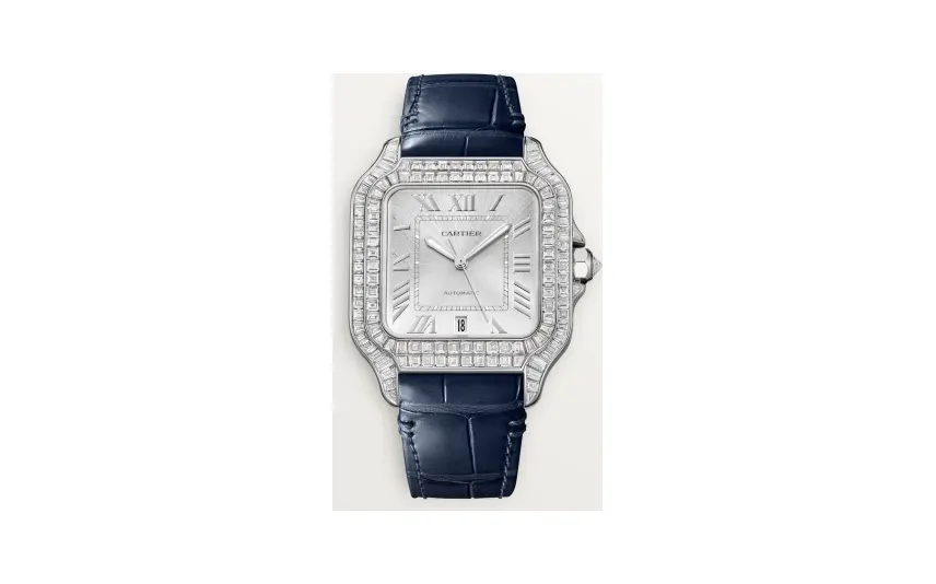 Cartier Santos de Cartier, Large model, automatic movement, white gold, diamonds, 2 interchangeable leather bracelets