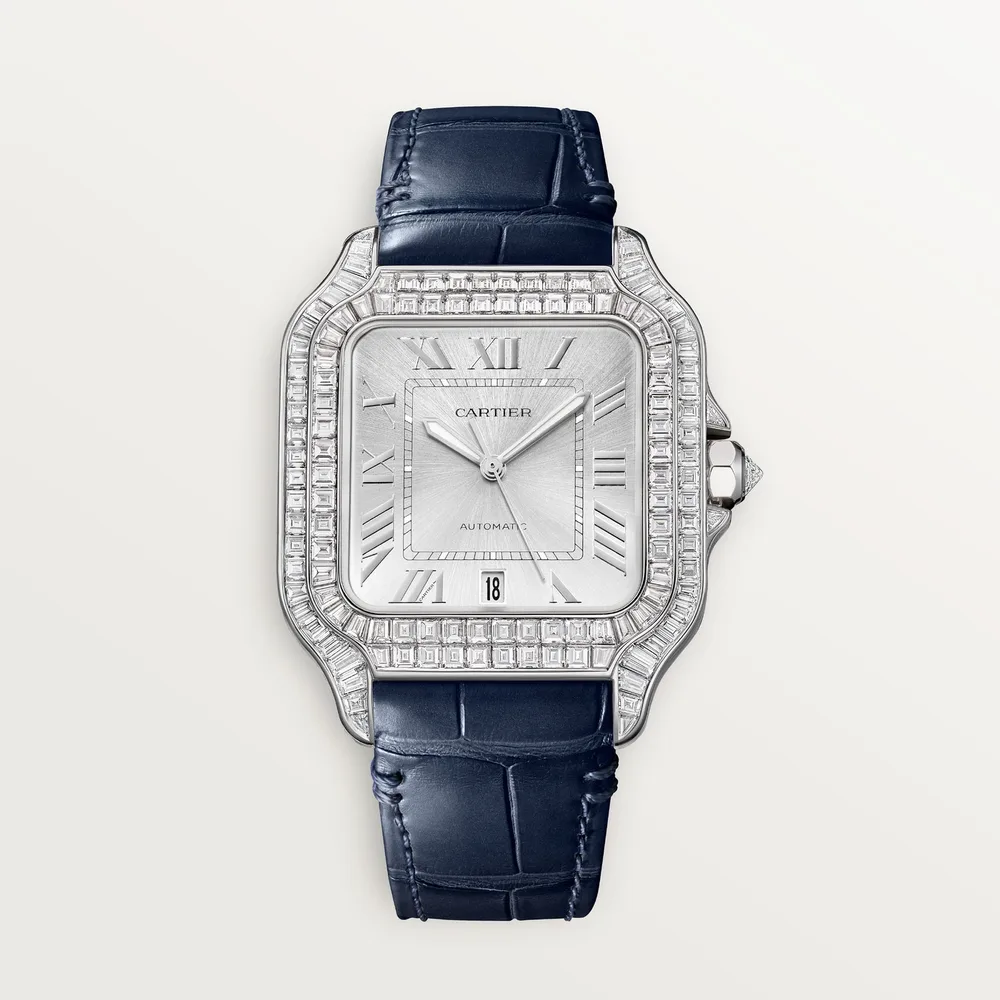 Cartier Santos de Cartier, Large model, automatic movement, white gold, diamonds, 2 interchangeable leather bracelets