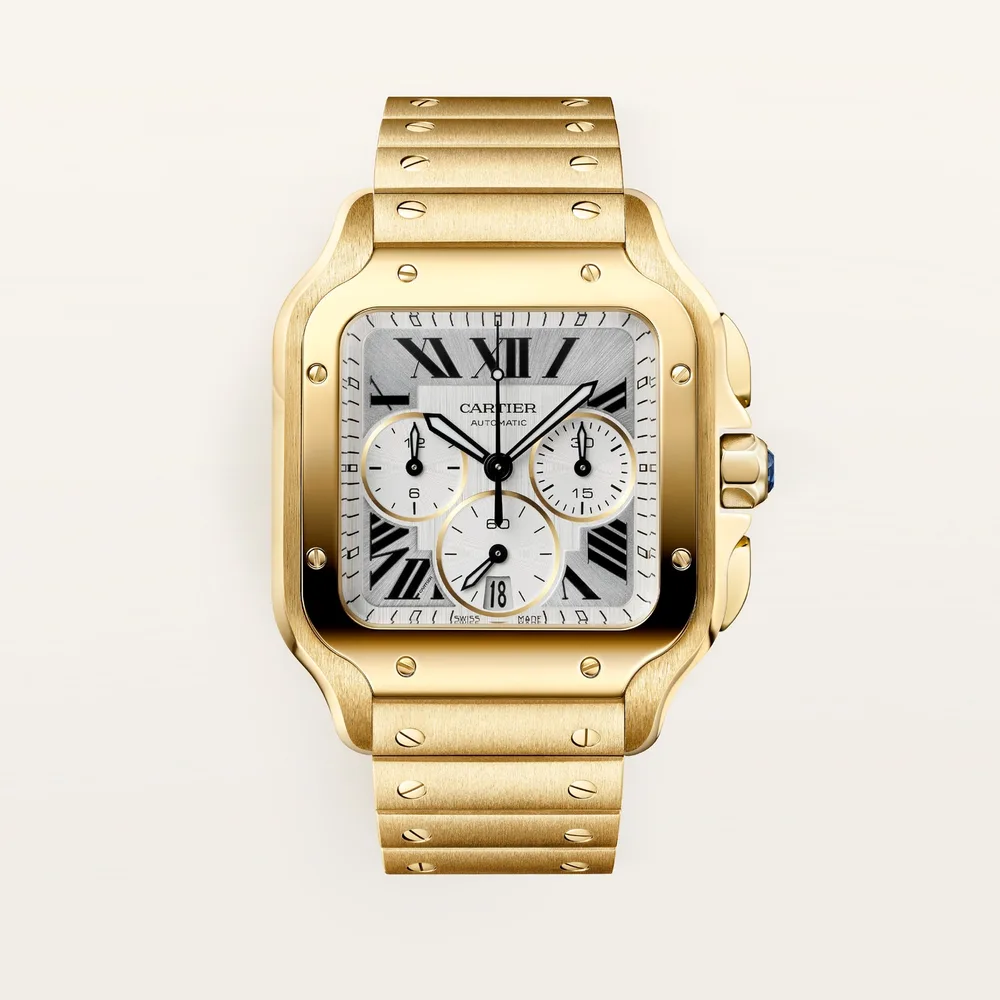 Cartier Santos de Cartier, Large model, automatic movement, yellow gold, interchangeable metal bracelet and leather straps