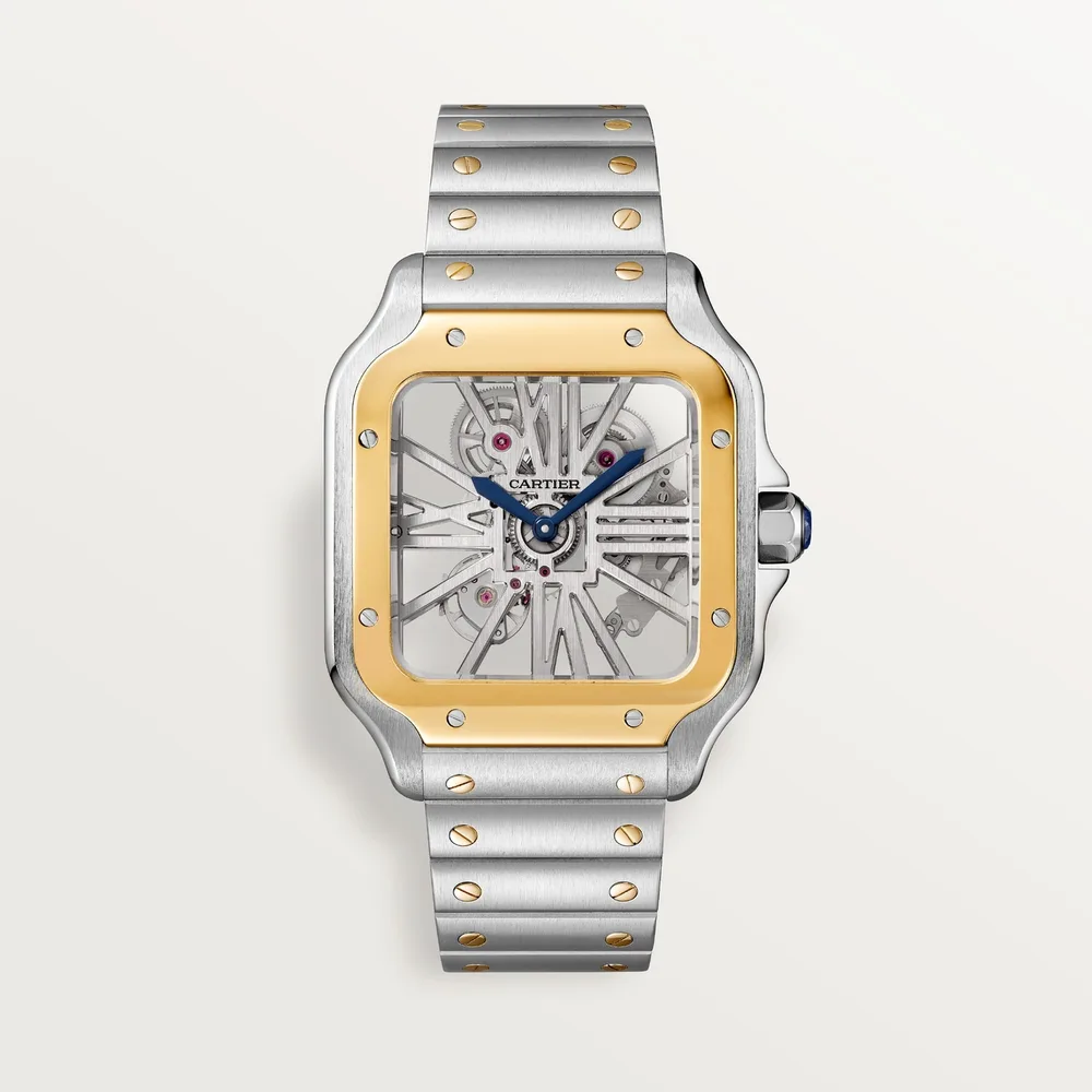 Cartier Santos de Cartier skeleton, Large model, hand-wound mechanical movement, yellow gold, steel, leather