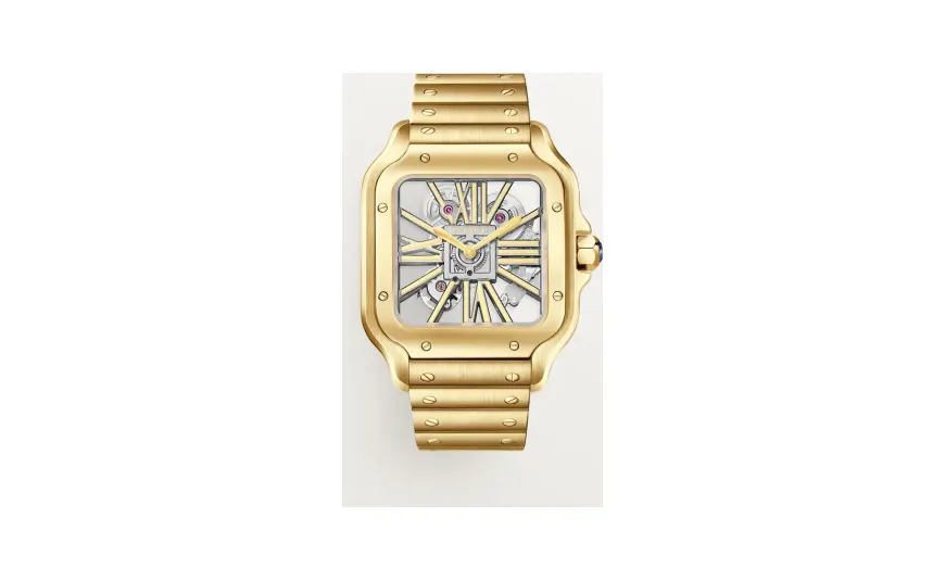 Cartier Santos de Cartier, Large model, manual skeleton movement, yellow gold, interchangeable metal and leather straps