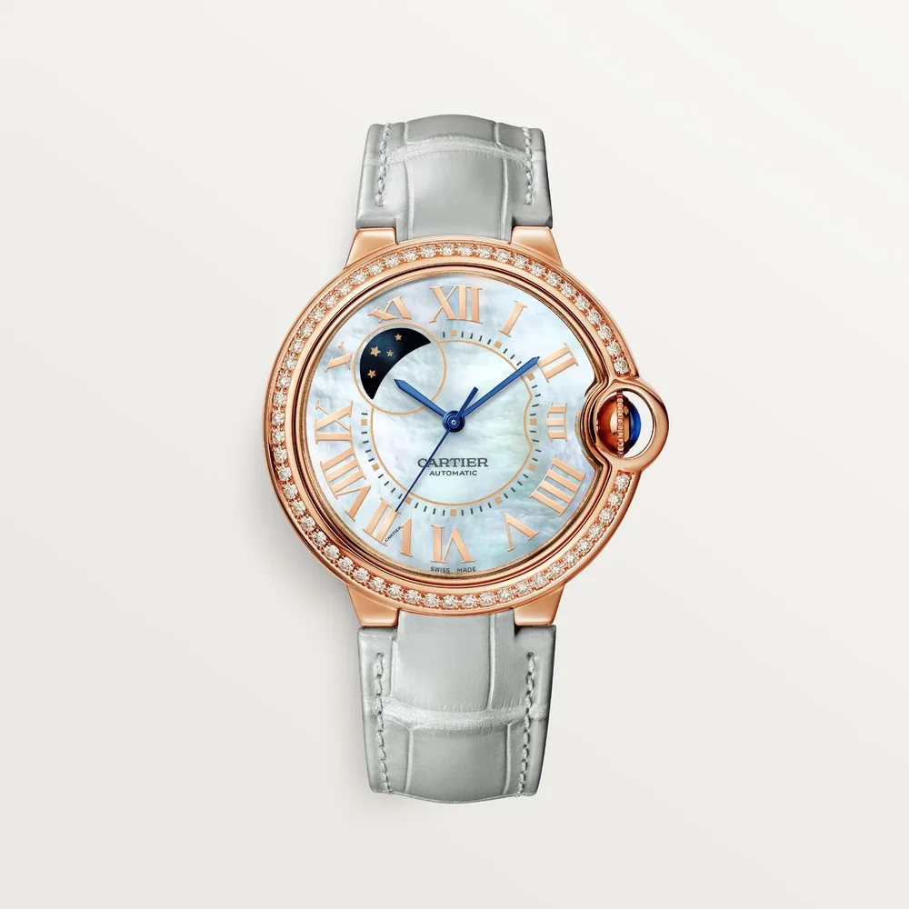 Cartier Ballon Bleu de Cartier, 36 mm, automatic movement, rose gold, diamonds, leather
