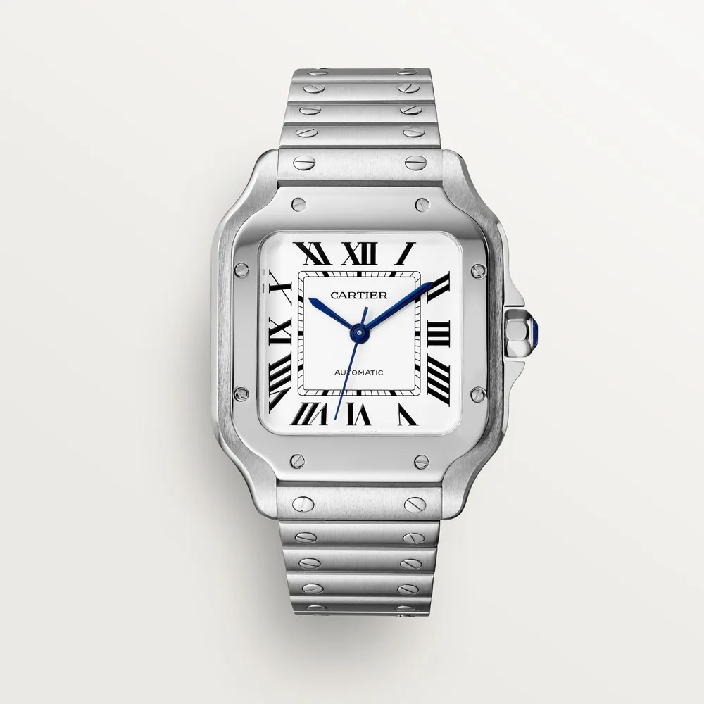 Cartier Santos de Cartier, Medium model, automatic movement, steel, interchangeable metal and leather bracelets