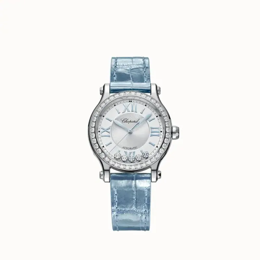 Chopard Happy Sport, 33 mm, automatic, Lucent Steel™, diamonds, aquamarines