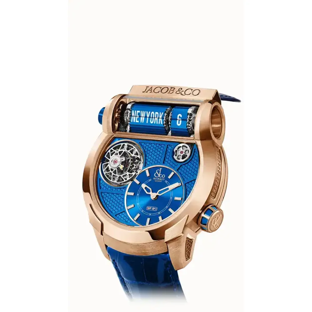 Jacob & Co. Epic SF24 Tourbillon — Rose Gold Blue PVD Grid Dial