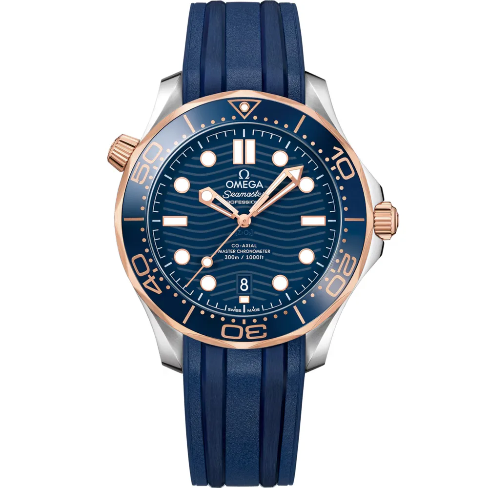 Omega Seamaster Diver 300M 42 mm, steel ‑ Sedna™ gold on rubber strap