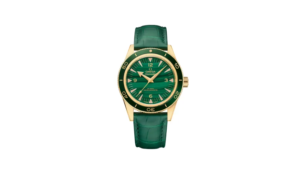 Omega Seamaster 300 41 mm, yellow gold on leather strap