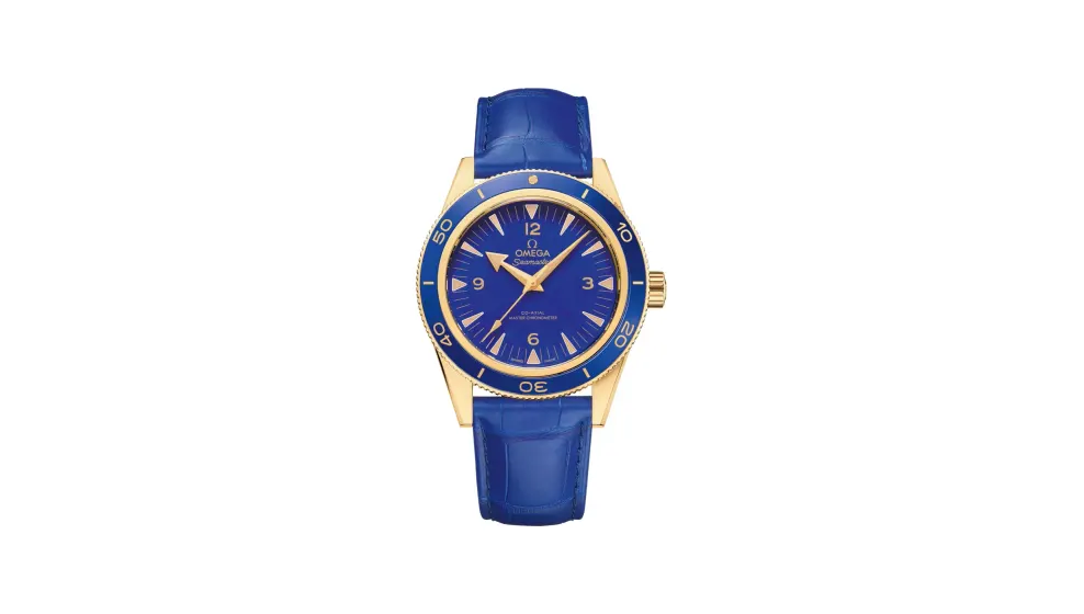 Omega Seamaster 300 41 mm, yellow gold on leather strap