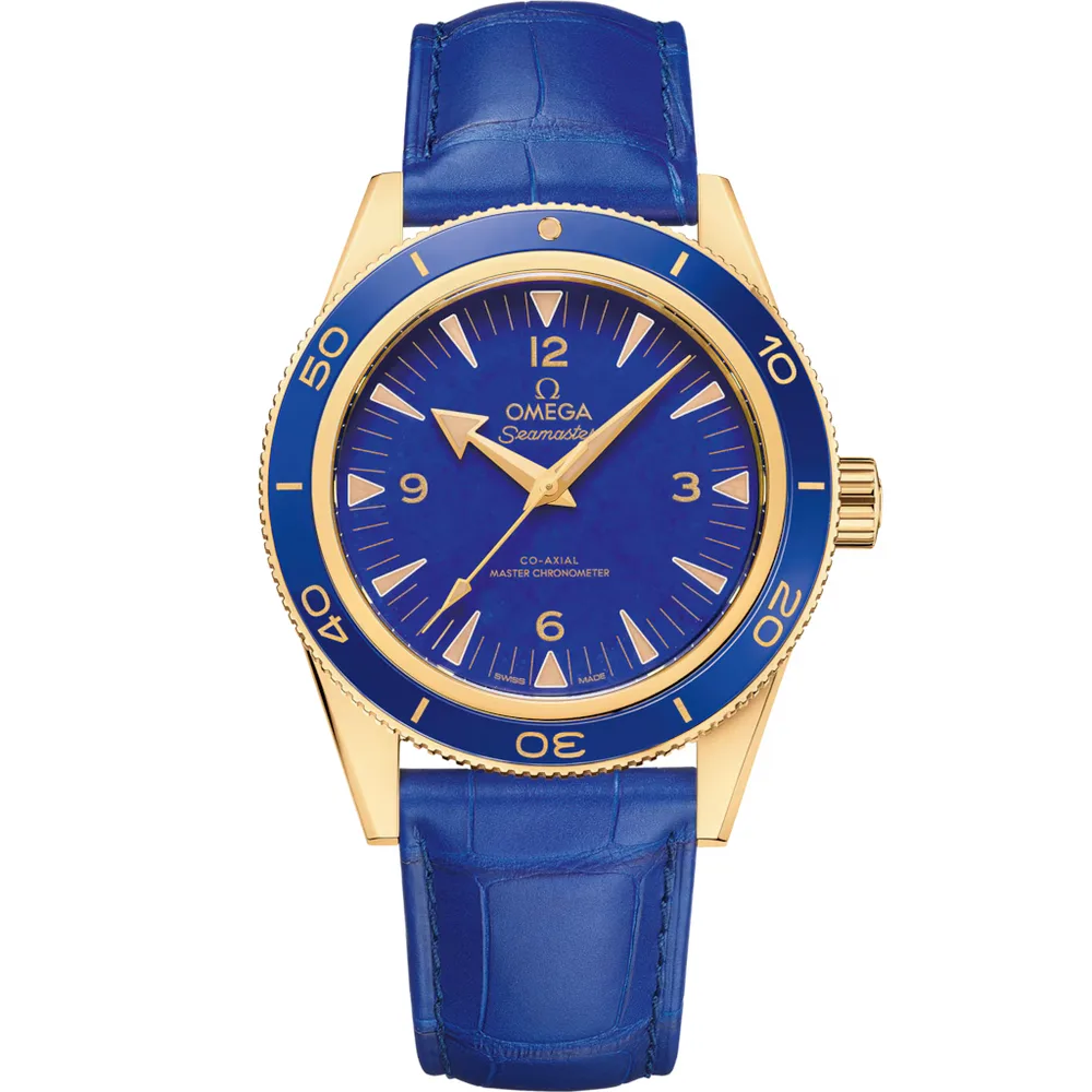 Omega Seamaster 300 41 mm, yellow gold on leather strap