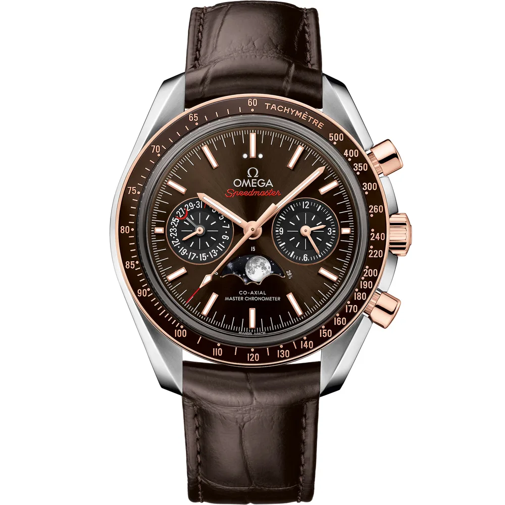 Omega Speedmaster Moonphase 44.25 mm, steel - Sedna™ gold on leather strap