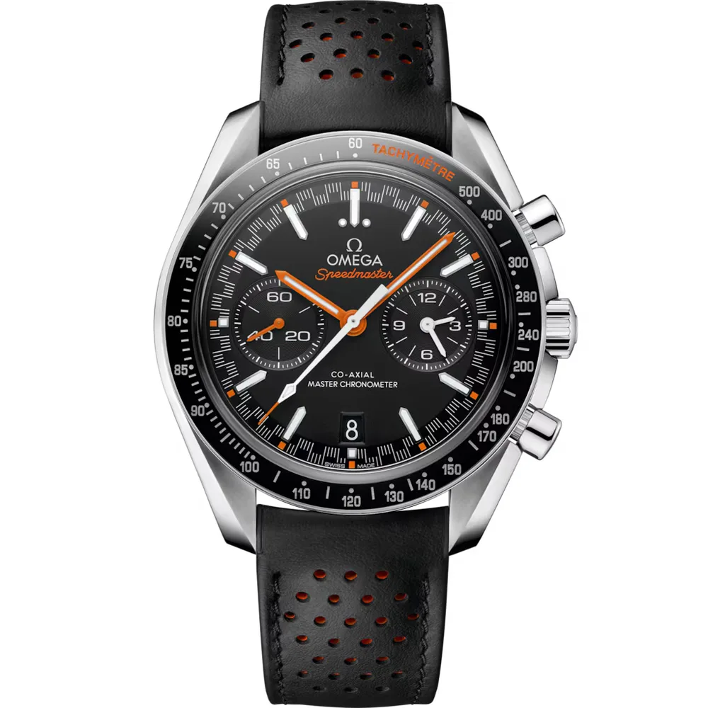 Omega Speedmaster Racing 44.25 mm, steel on leather strap, Black dial