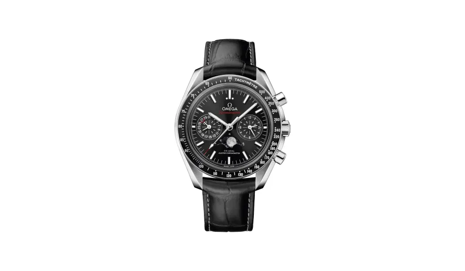 Omega Speedmaster Moonphase 44.25 mm, steel on leather strap, Black dial