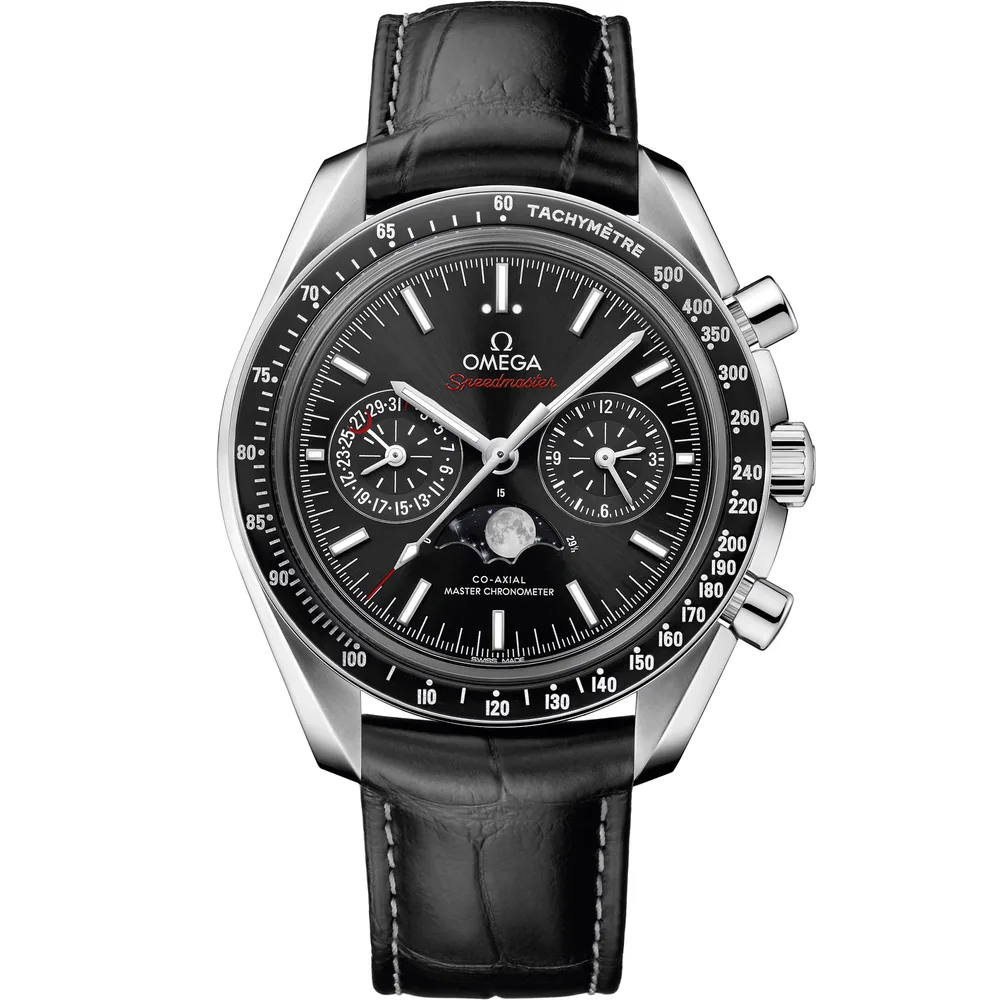 Omega Speedmaster Moonphase 44.25 mm, steel on leather strap, Black dial