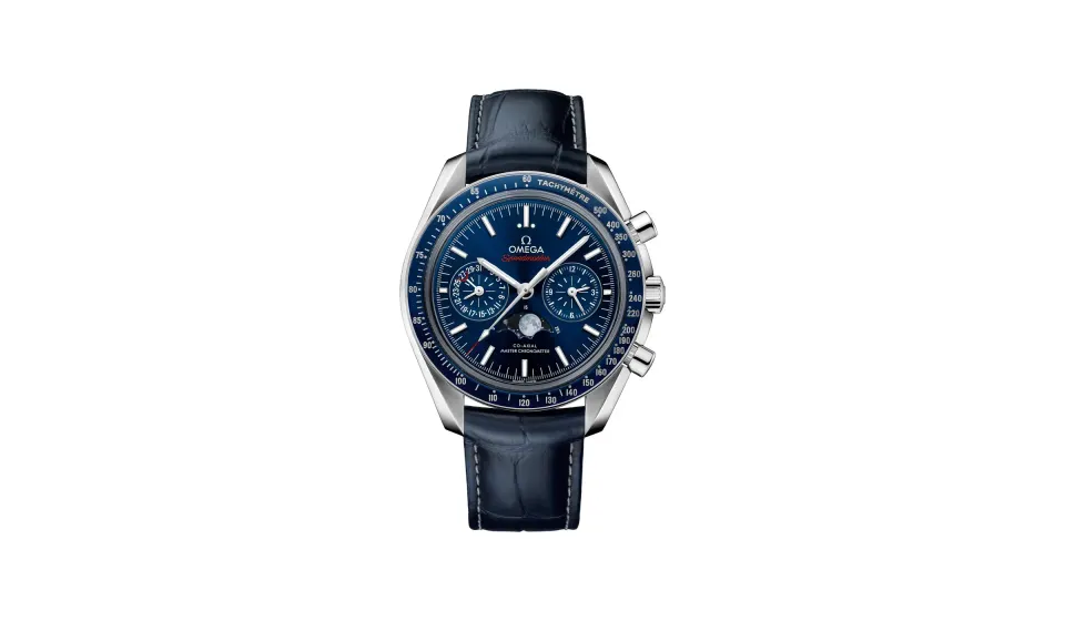 Omega Speedmaster Moonphase 44.25 mm, steel on leather strap, Blue dial