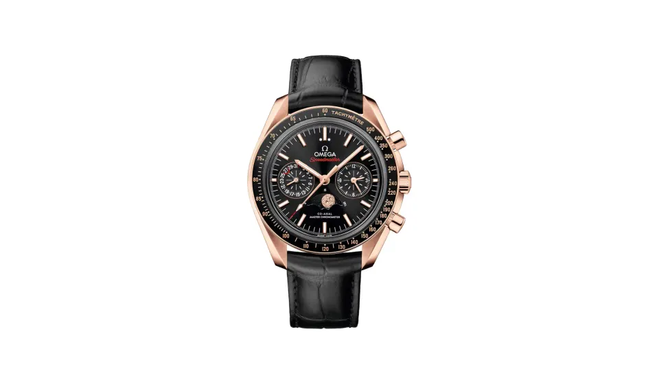 Omega Speedmaster Moonphase 44.25 mm, Sedna™ gold on leather strap