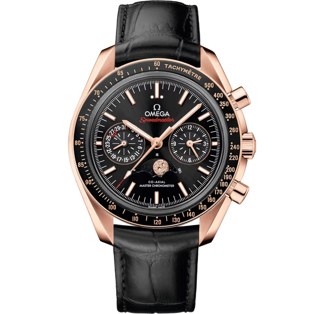 Omega Speedmaster Moonphase 44.25 mm, Sedna™ gold on leather strap