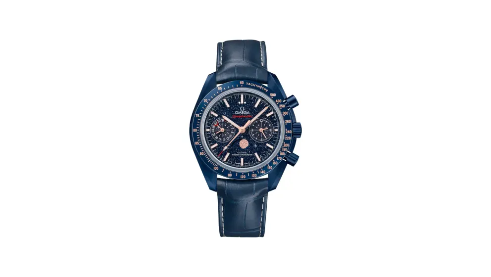 Omega Blue Side Of The Moon Speedmaster Moonphase 44.25 mm, blue ceramic on leather strap