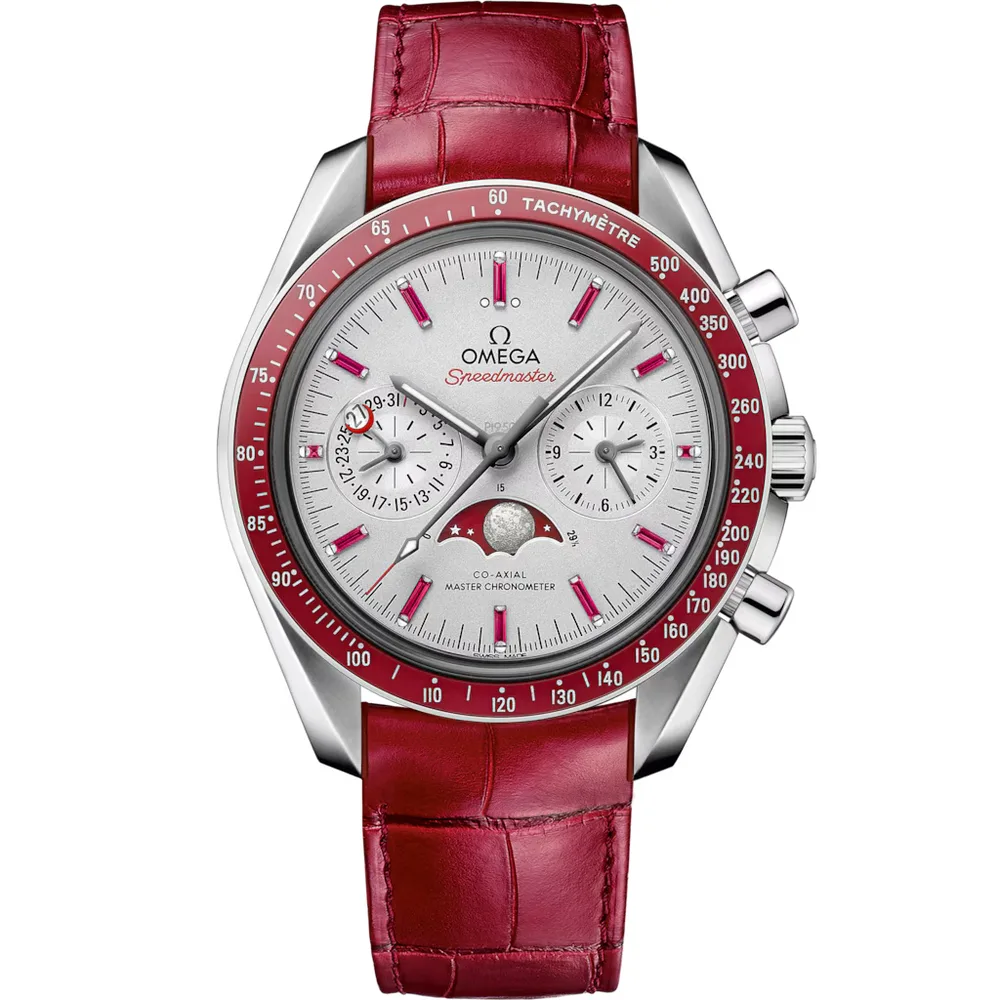 Omega Speedmaster Moonphase 44.25 mm, platinum on leather strap, Grey dial