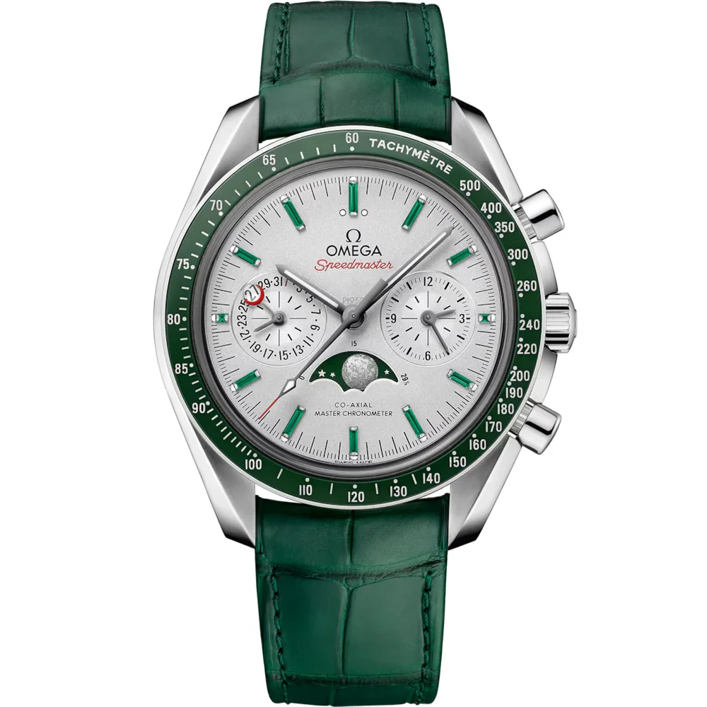 Omega Speedmaster Moonphase 44.25 mm, platinum on leather strap, Grey dial