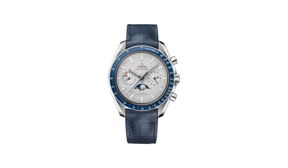 Omega Speedmaster Moonphase 44.25 mm, platinum on leather strap, Grey dial