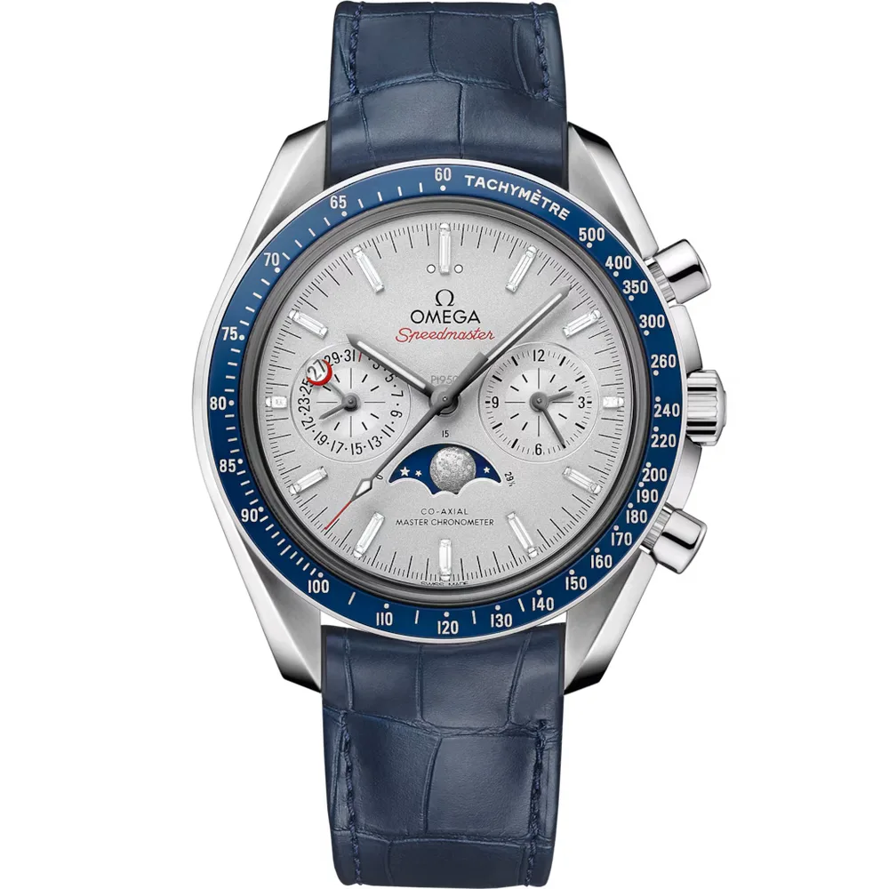 Omega Speedmaster Moonphase 44.25 mm, platinum on leather strap, Grey dial