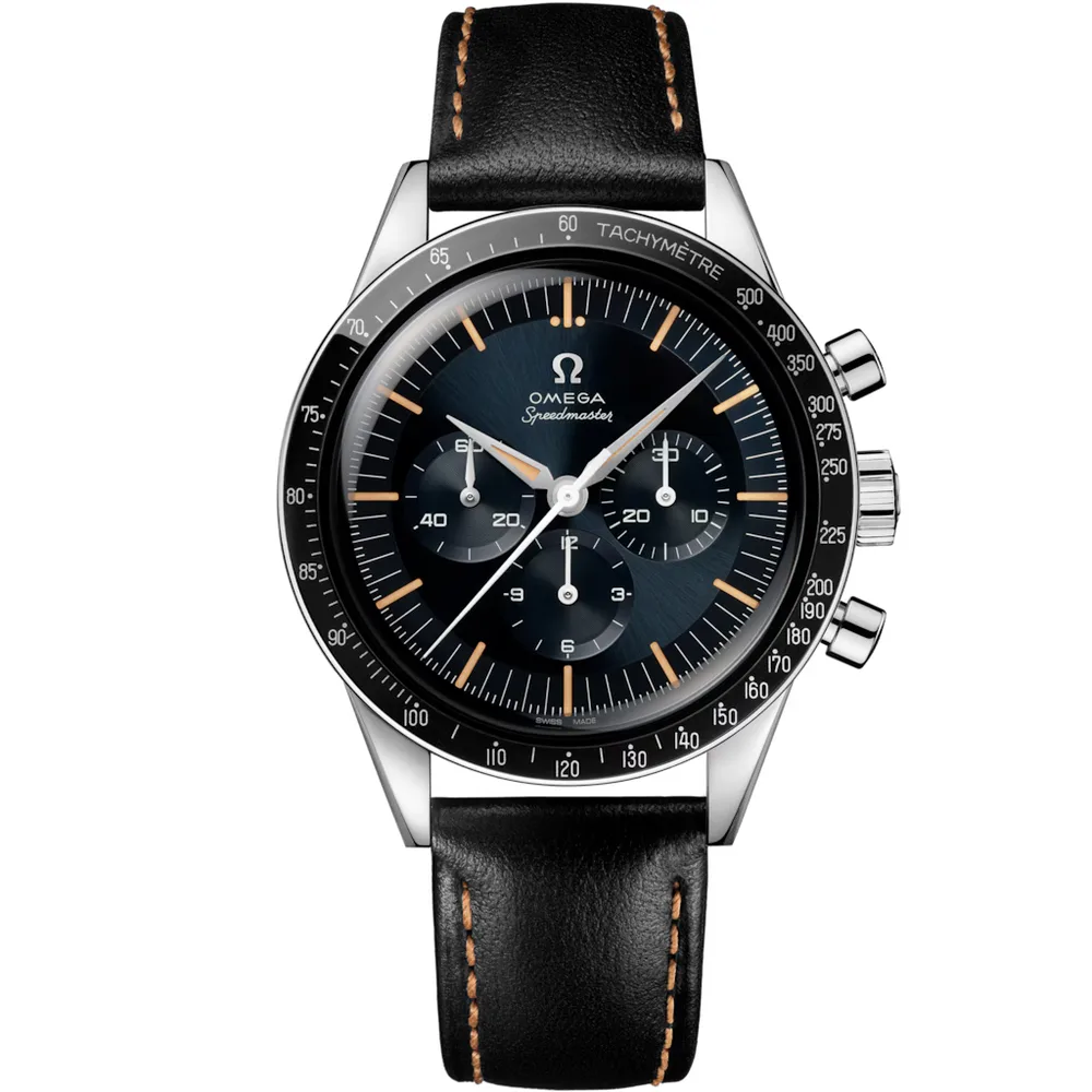 Omega Speedmaster First OMEGA in Space 39.7 mm, steel on leather strap, Blue - Grey dial