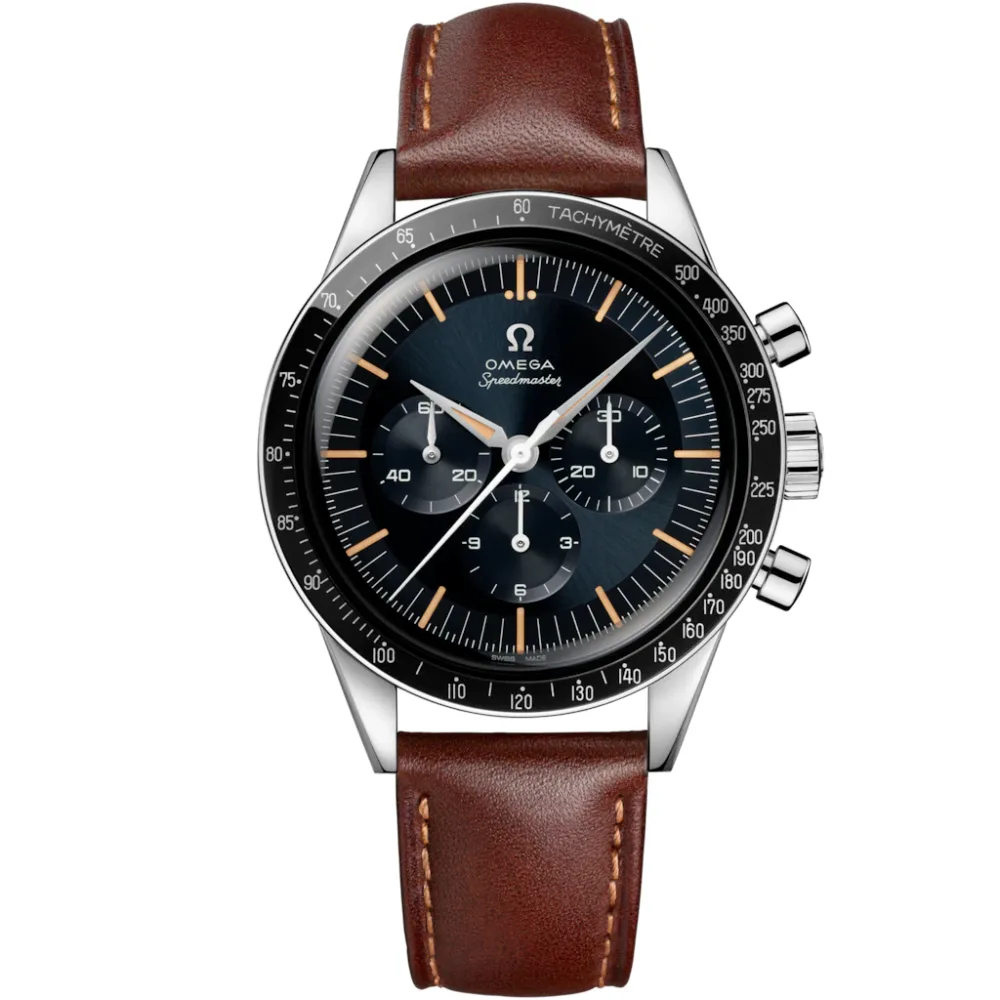 Omega Speedmaster First OMEGA in Space 39.7 mm, steel on leather strap, Blue - Grey dial