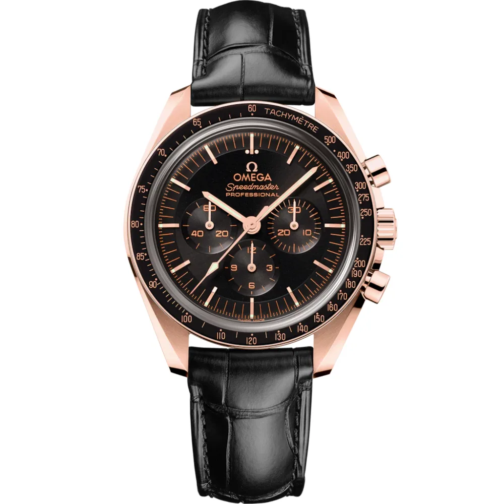 Omega Speedmaster Moonwatch Professional 42 mm, Sedna™ gold on leather strap