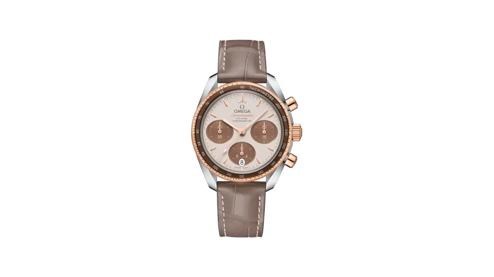 Omega Speedmaster 38 38 mm, steel ‑ Sedna™ gold on leather strap