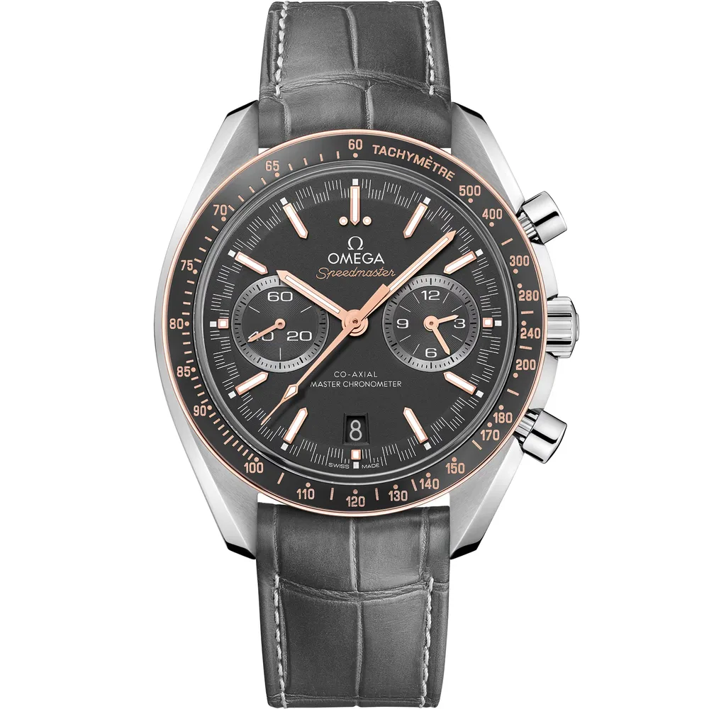 Omega Speedmaster Racing 44.25 mm, steel on leather strap, Grey dial
