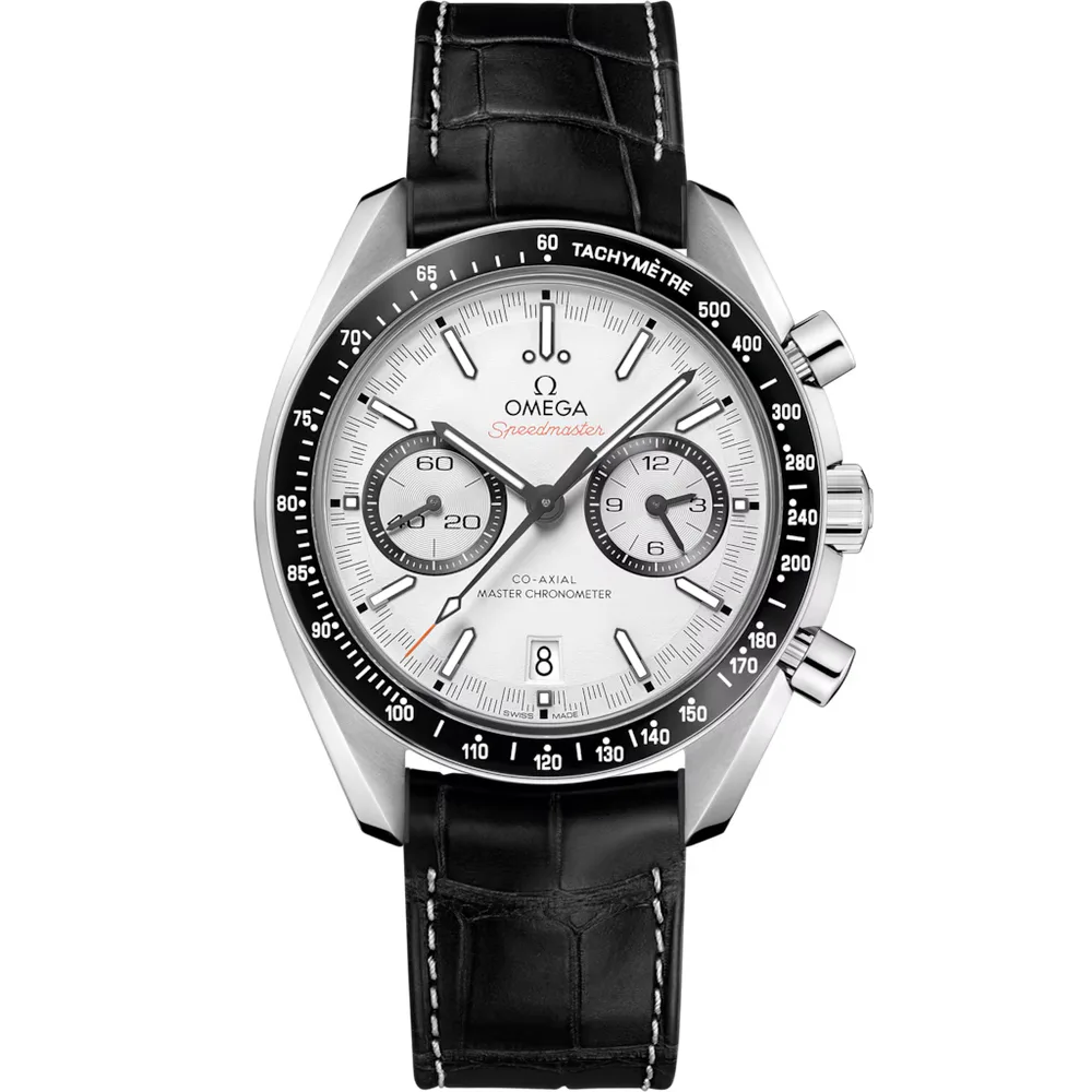 Omega Speedmaster Racing 44.25 mm, steel on leather strap, White dial