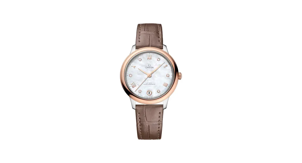 Omega De Ville Prestige 34 mm, steel ‑ Sedna™ gold on leather strap