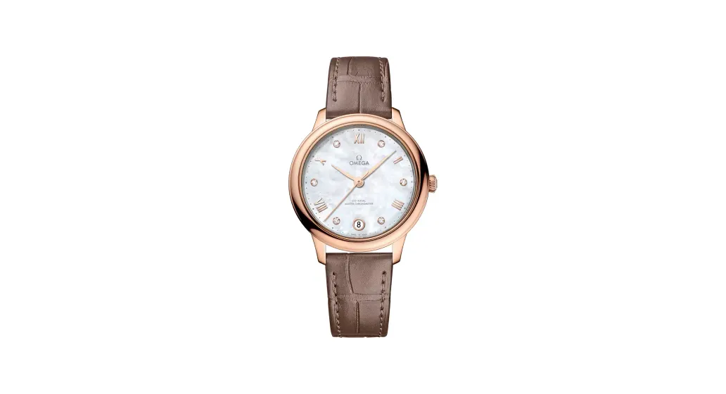 Omega De Ville Prestige 34 mm, Sedna™ gold on leather strap