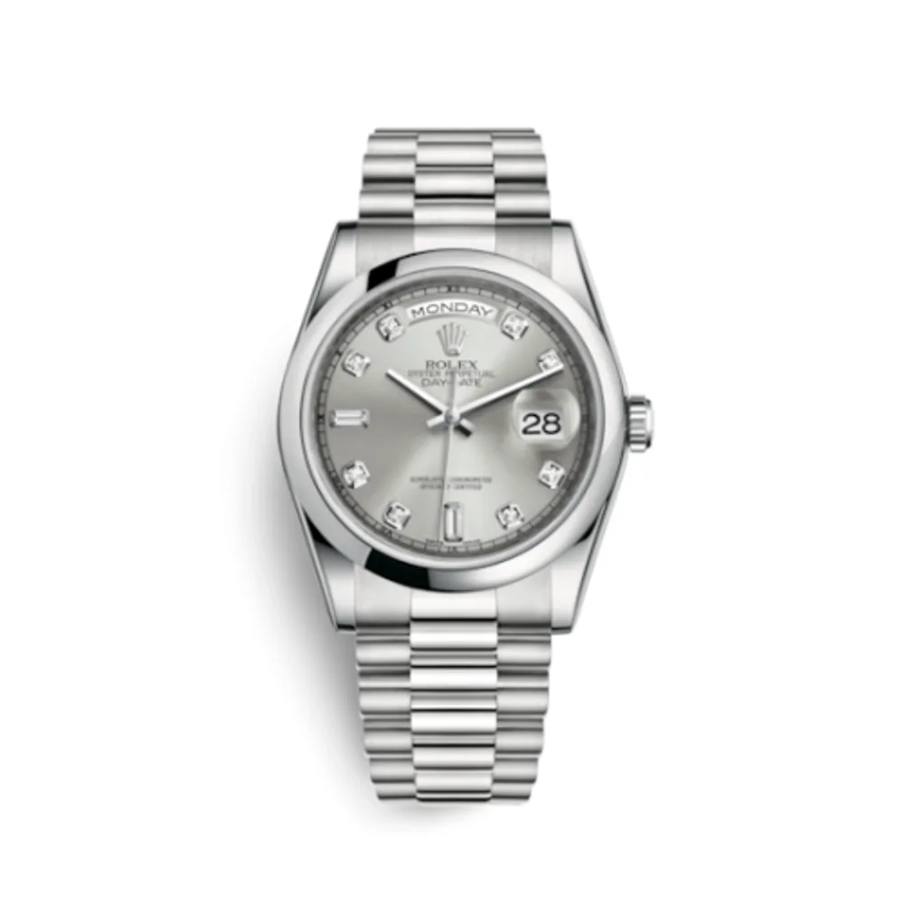 Rolex Day-Date 36 Platinum Domed / President / Silver Diamond