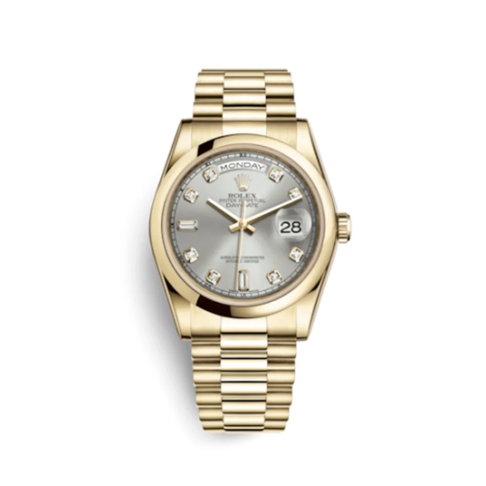 Rolex Day-Date 36 Yellow Gold Domed / President / Silver Diamonds