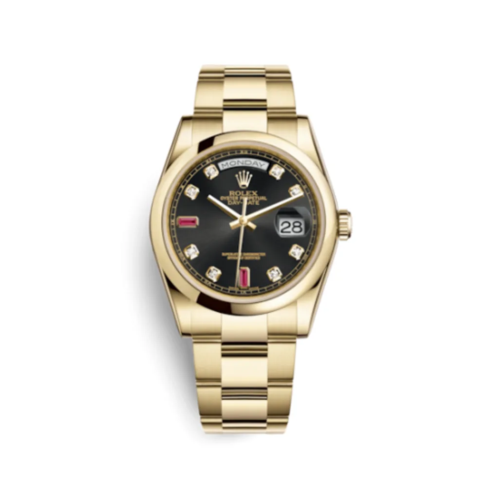 Rolex Day-Date 36 Yellow Gold Domed / Oyster / Black Diamonds Rubies