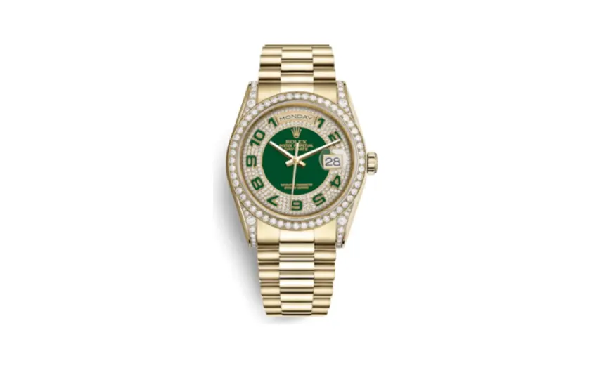 Rolex Day-Date 36 Yellow Gold Diamonds / President / Green Paved