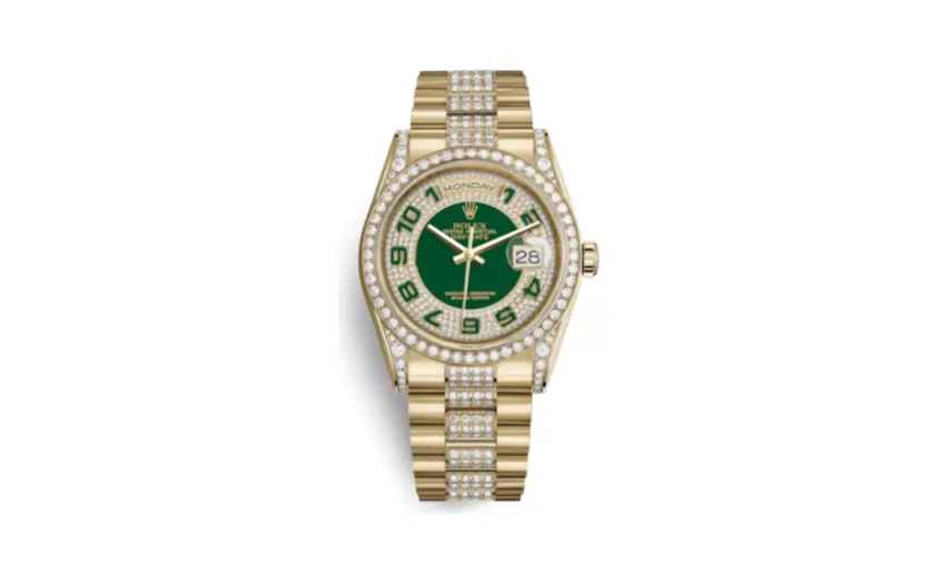 Rolex Day-Date 36 Yellow Gold Diamonds / President Diamonds / Green Paved