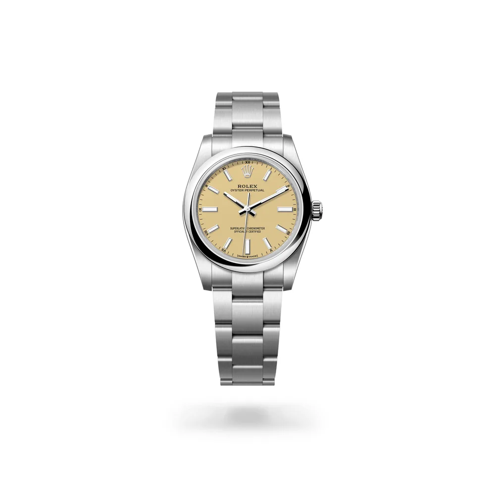 Rolex Oyster Perpetual 34, Oystersteel, Beige lacquer dial