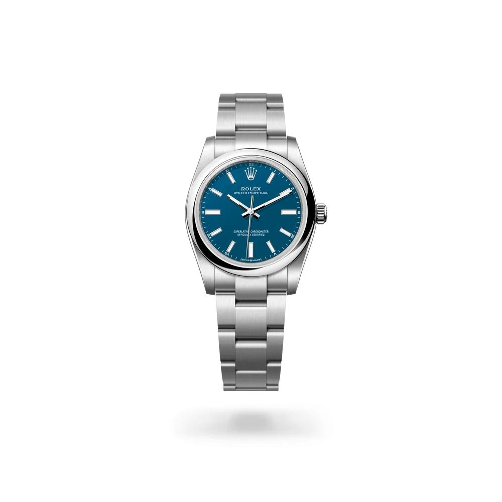 Rolex Oyster Perpetual 34, Oystersteel, Med blue dial