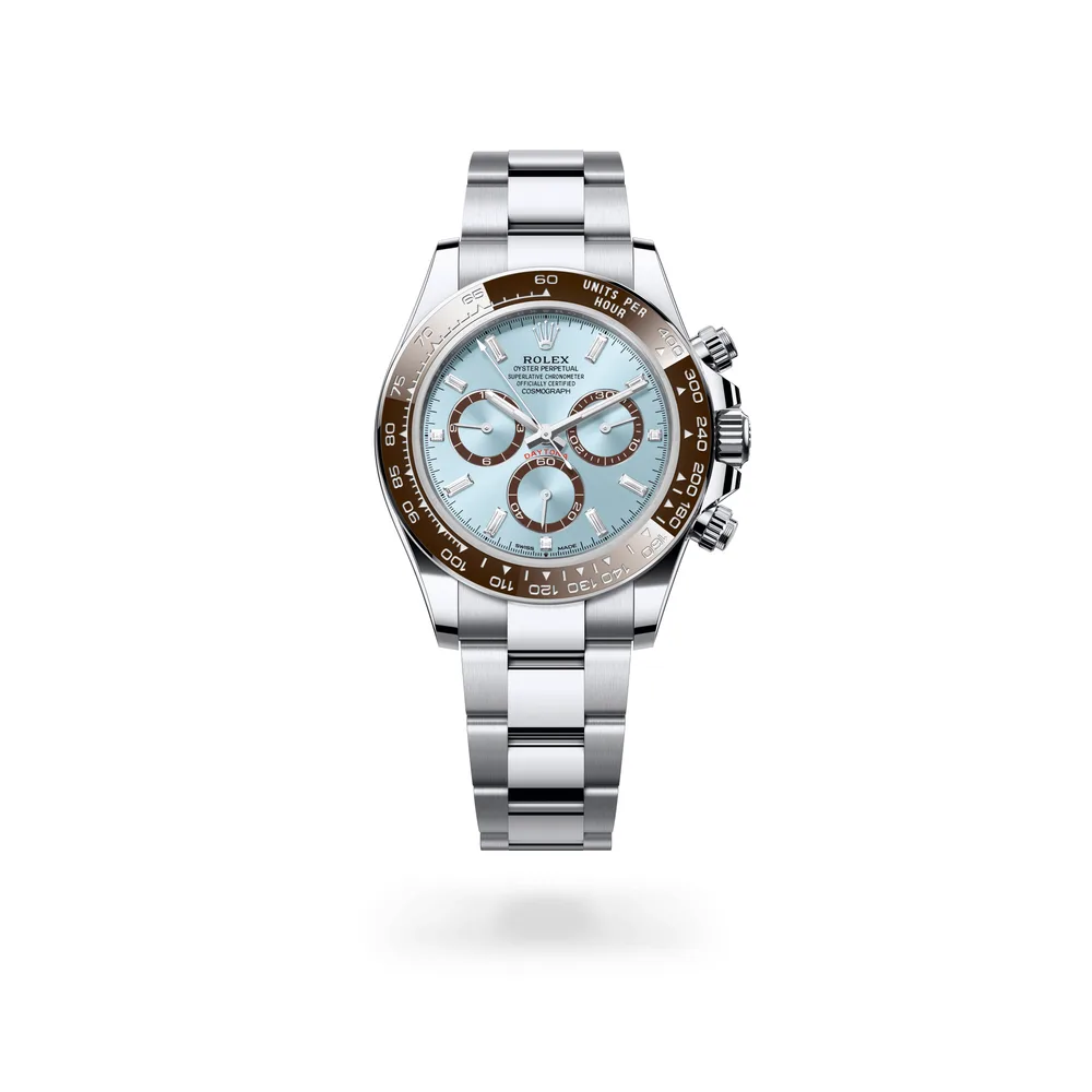 Rolex Oyster Perpetual Cosmograph Daytona, 40 mm, platinum, Platinum, Ice blue with chestnut brown counter rings set with diamonds dial