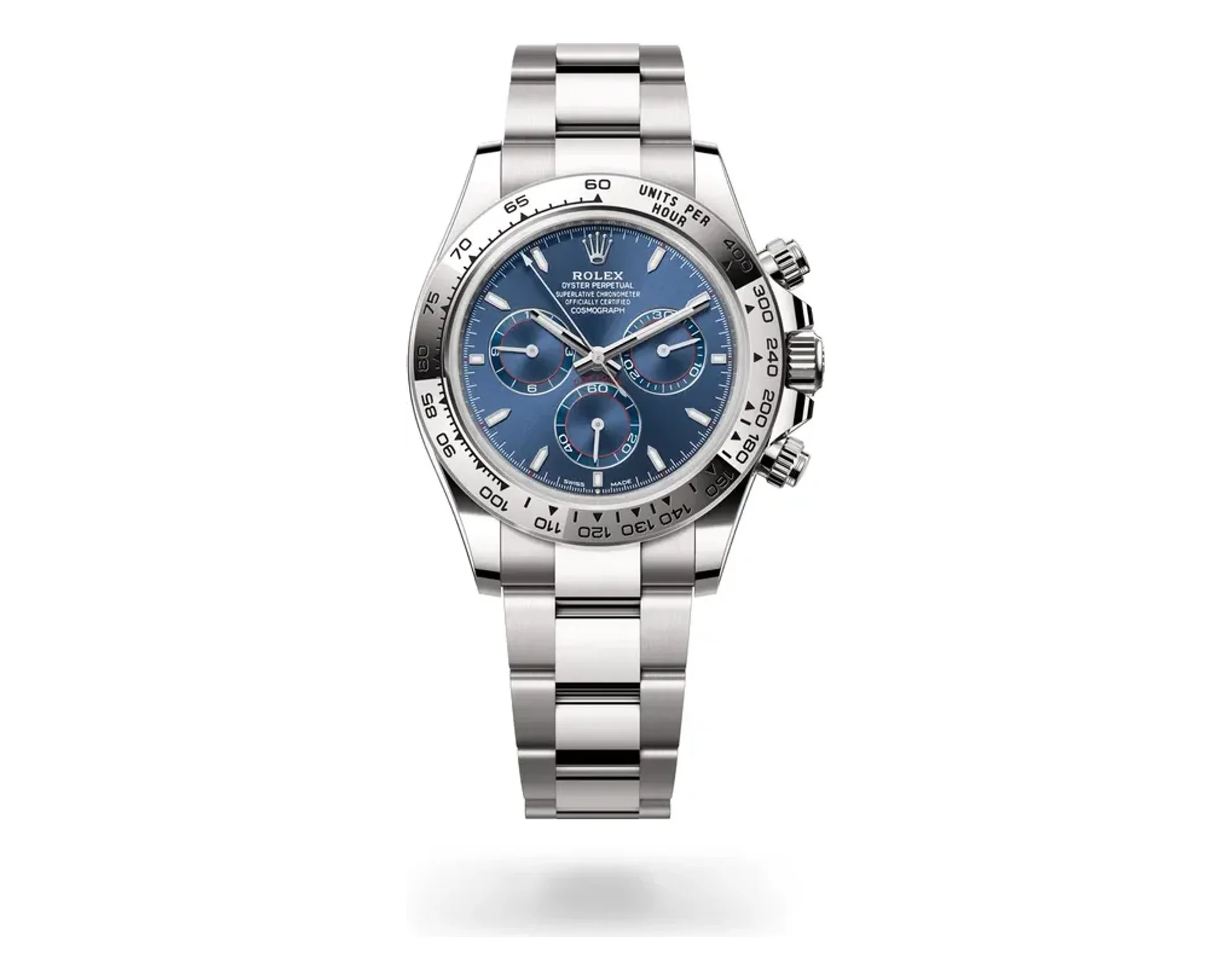 Rolex Cosmograph Daytona Oyster, 40 mm, white gold, 18 kt white gold, Bright blue dial
