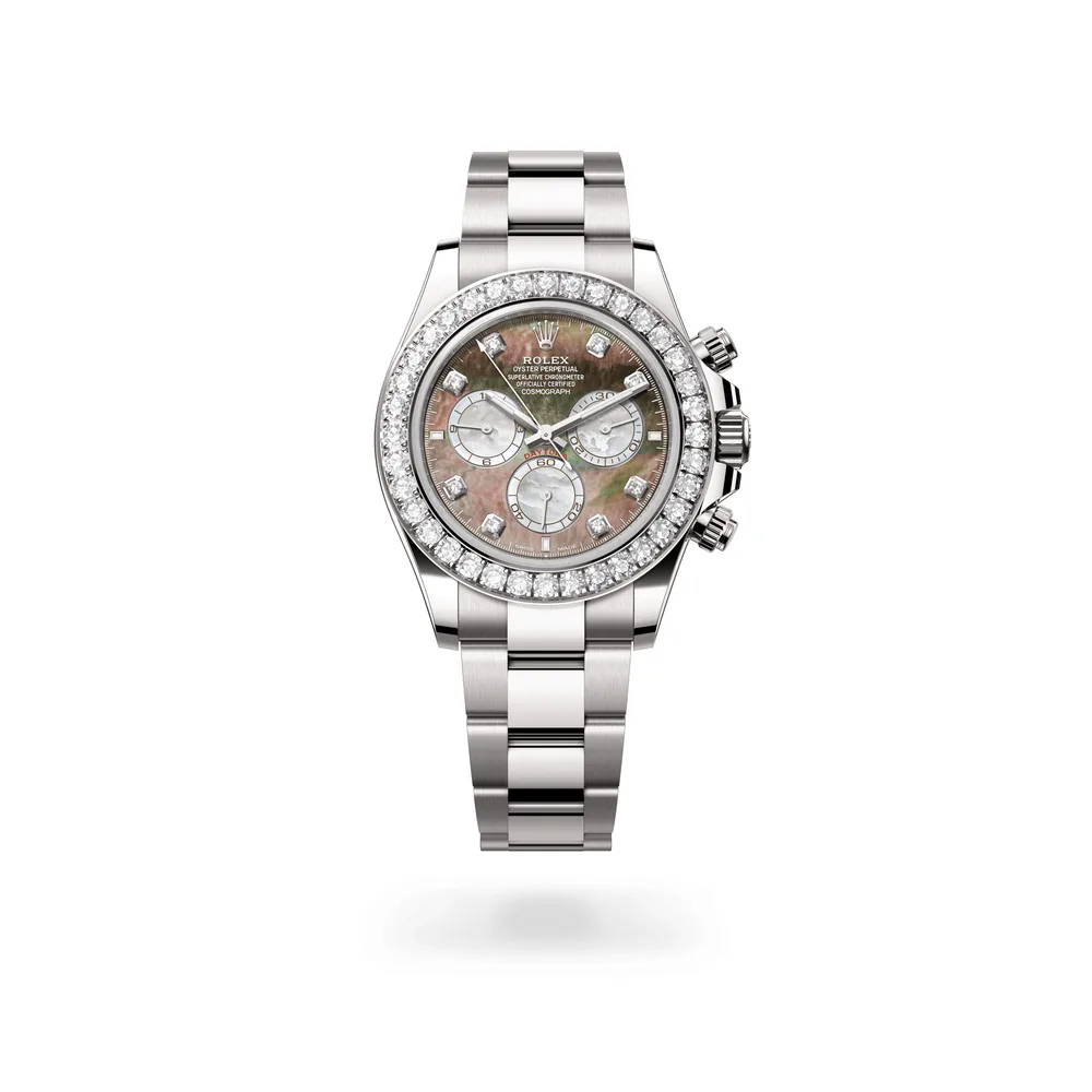 Rolex Cosmograph Daytona Oyster, 40 mm, white gold and diamonds, 18 kt white gold, Black and white mother-of-pearl set with diamonds dial