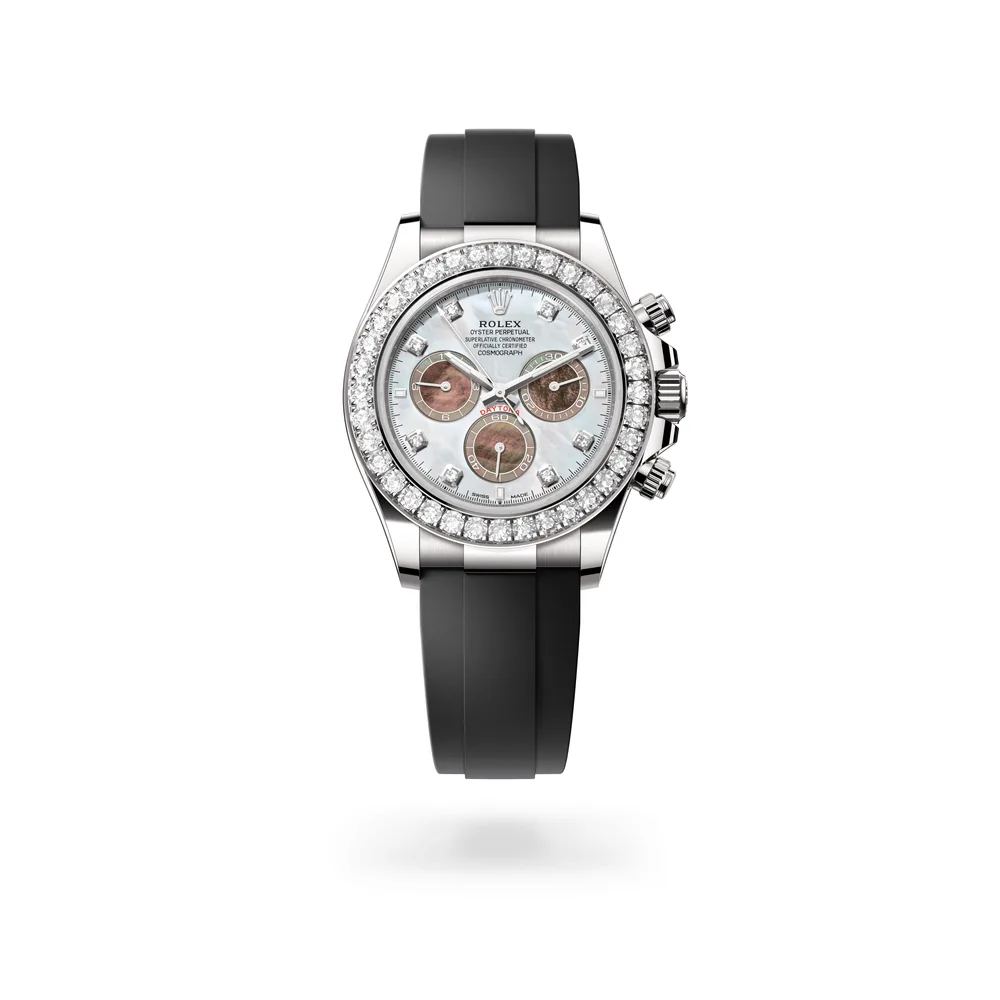 Rolex Cosmograph Daytona Oyster, 40 mm, white gold and diamonds, 18 kt white gold, White and black mother-of-pearl set with diamonds dial
