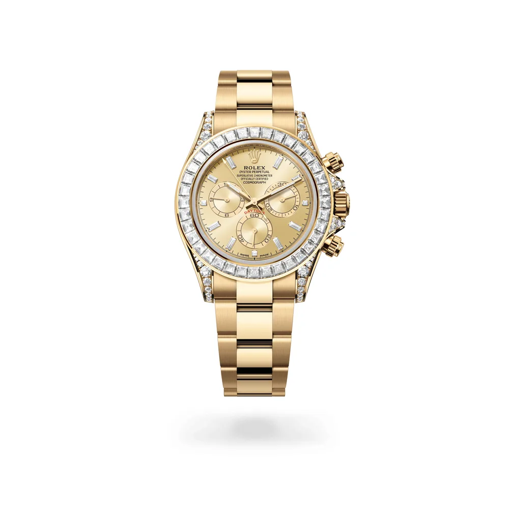 Rolex Cosmograph Daytona Oyster, 40 mm, yellow gold and diamonds, 18 kt yellow gold with lugs set with diamonds, Golden dial