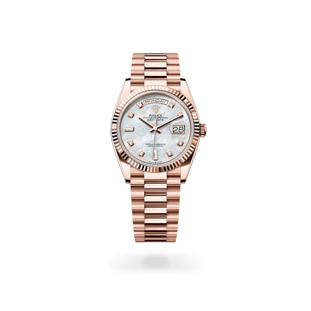 Rolex Oyster Perpetual Day-Date 36, 18 kt Everose gold, White mother-of-pearl set with diamonds dial