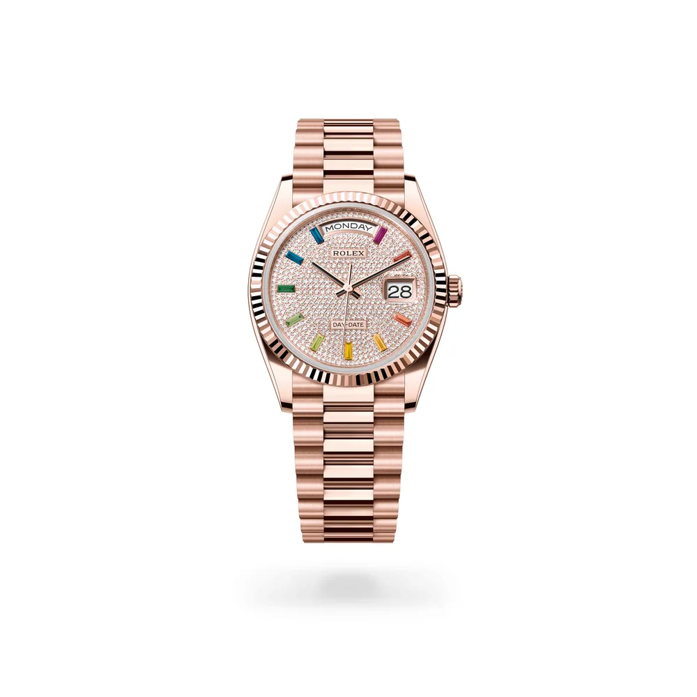 Rolex Oyster Perpetual Day-Date 36, 18 kt Everose gold, Diamond-paved with 10 baguette-cut dial