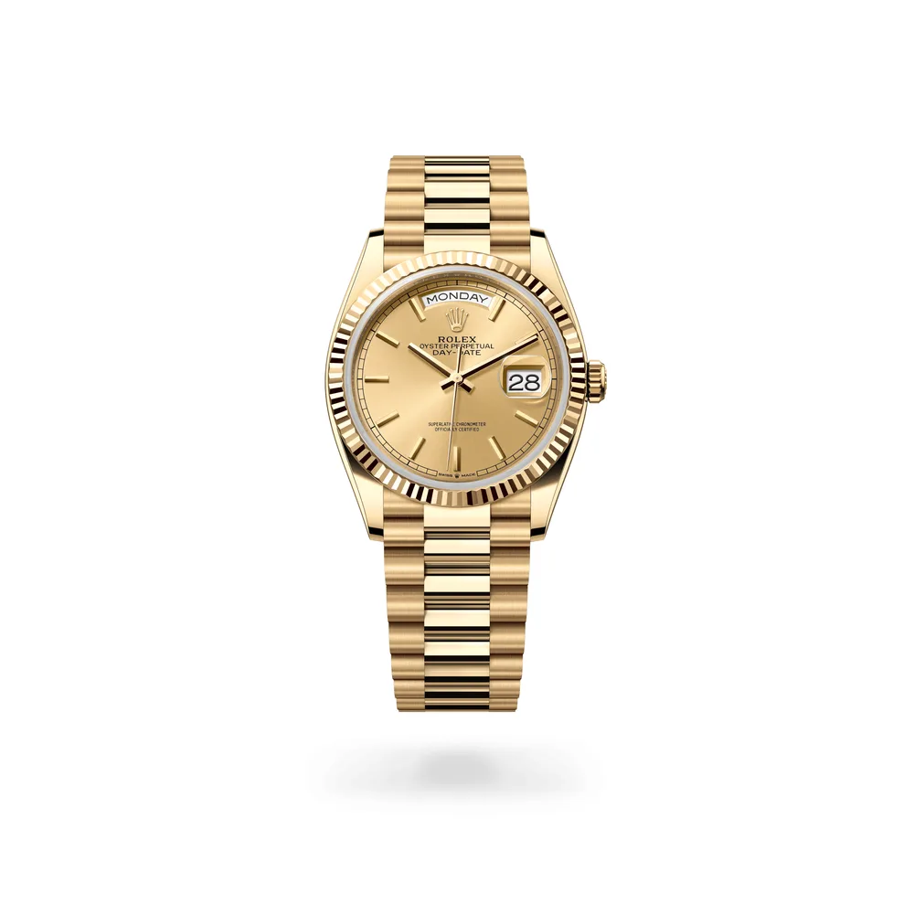 Rolex Oyster Perpetual Day-Date 36, 18 kt yellow gold, Champagne-colour dial
