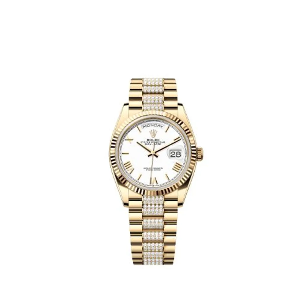 Rolex Day-Date 36 Yellow Gold / Fluted / White - Roman / President - Diamond
